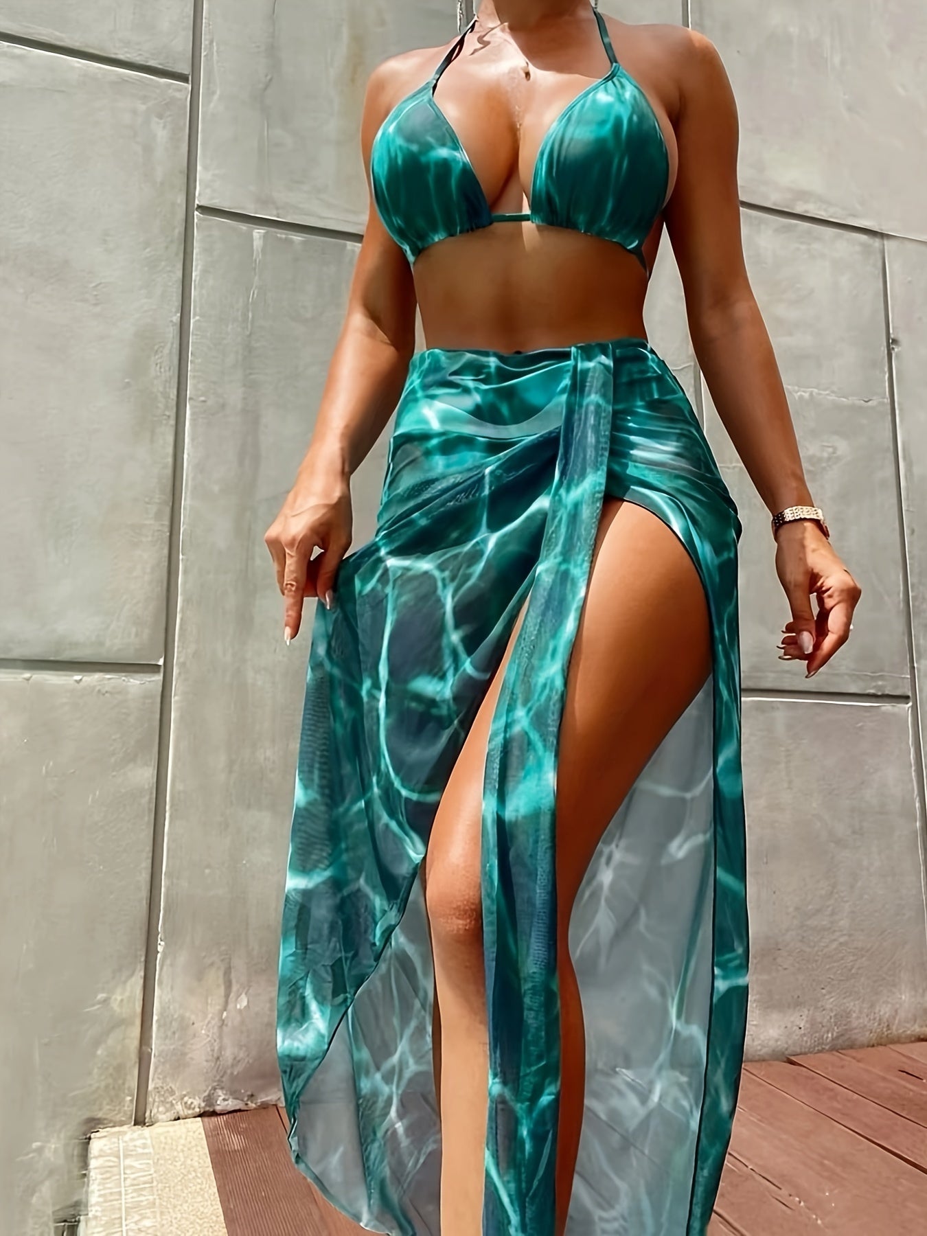 Three-Piece Tie-Dye Swimsuit - Triangle Top, High Cut Bottoms, Cover-Up Skirt Bikini Set for Women